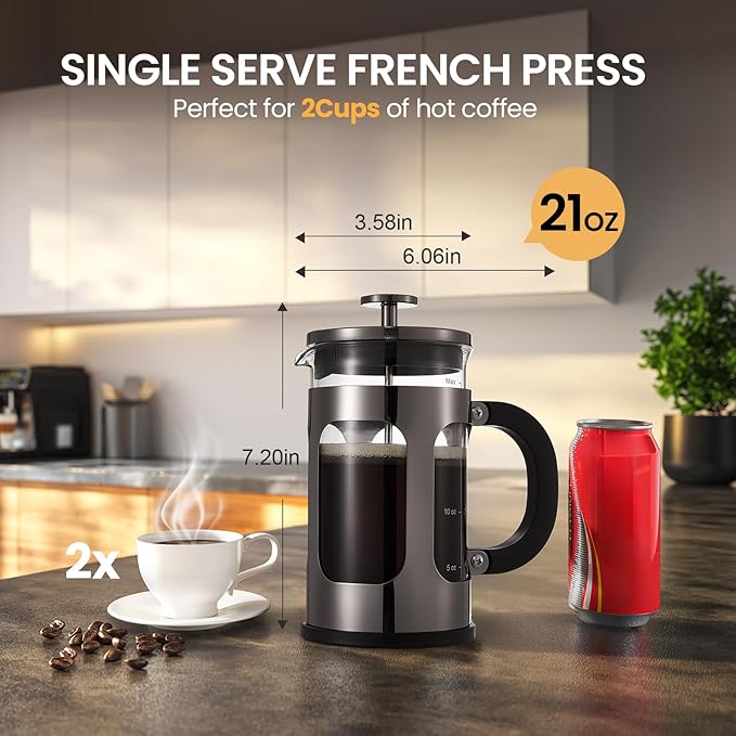 BAYKA 21 Ounce 0.6 Liter French Press Coffee Tea Maker Small, Heat Resistant Thickened Borosilicate Glass Stainless Steel Single Serve Brewer, Cold Brew Cafetera Teapot, Dark Pewter
