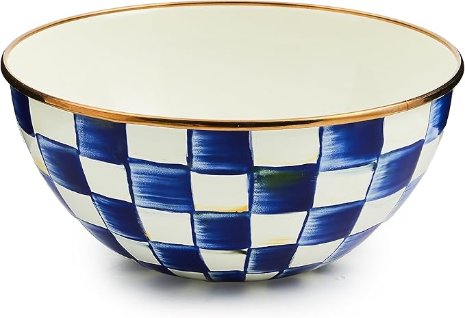 MACKENZIE-CHILDS Enamel Everyday Bowl, Serving Bowl for Entertaining, Small, Pink-and-White Rosy Check, Set of 1