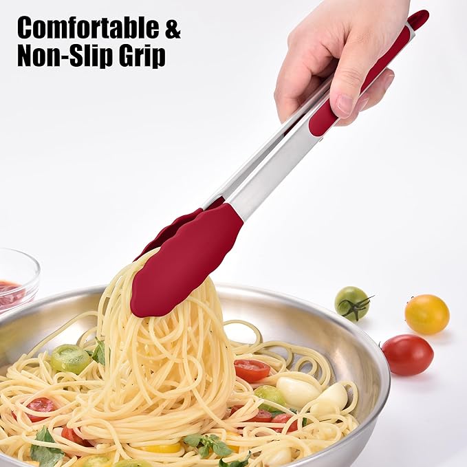 Doosu Kitchen Tongs for Cooking - 600°F Heat Resistant Food Tong Set with Non-Scratch Silicone Tips, Heavy Duty Stainless Steel Locking Tong for BBQ, Grilling Steak, Serving Salad (7+9+12in, Red)