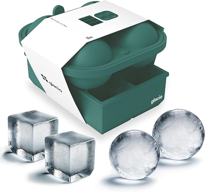 glacio Ball Ice Cube Tray and Big Ice Cube Molds for Whiskey, Slow-Melting, 100% Silicone, No-Plastic, Easy Release, Ideal for Gifting and Elevating Cocktails