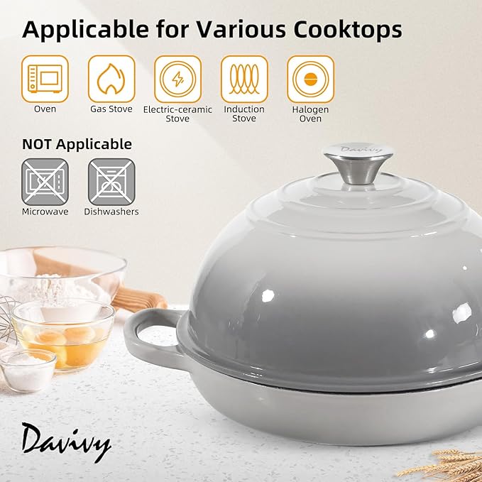 Davivy 5.5QT Enameled Cast Iron Dutch Oven, 10" Round Bread Dutch Oven, Sourdough Bread Baking Pan, Enameled Cast Iron Bread Oven, with Silicone Oven Mitts - Light Grey