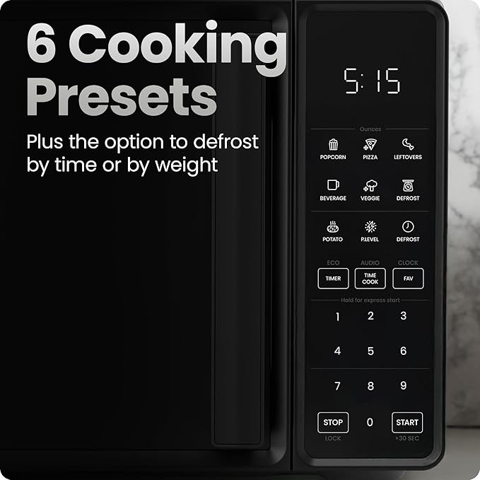 Chefman Countertop Microwave Oven 0.7 Cu. Ft., 700 Watts with 10 Power Levels, 6 Cooking Presets with One-Touch Express Cook, Eco Mode, Child Safety Lock, & Mute Button - Black