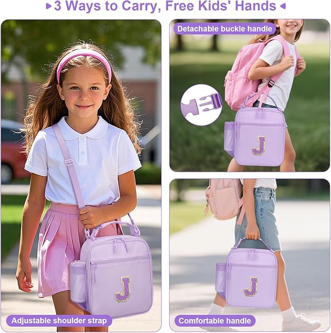 Initial Insulated Lunch Bag for Girls Kids, Back to School Gift, Reusable Leak-proof Lunch Box with Adjustable Strap for School Daycare Travel Picnic (Purple,J)