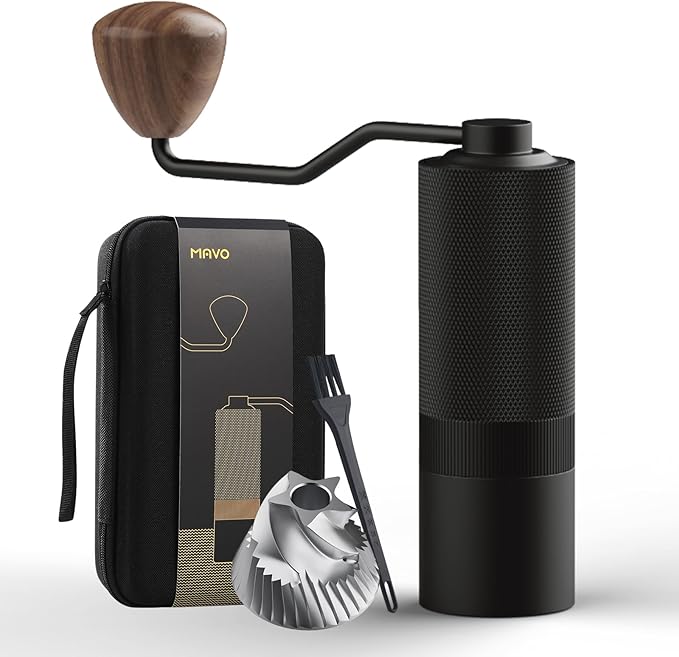 MAVO Manual Coffee Grinder, Wizard Hand Coffee Grinder, Capacity 25g with CNC Stainless Steel Hexagonal Conical Burr, Adjustable Setting, Burr Coffee Bean Grinder for French Press, Pour Over, Black
