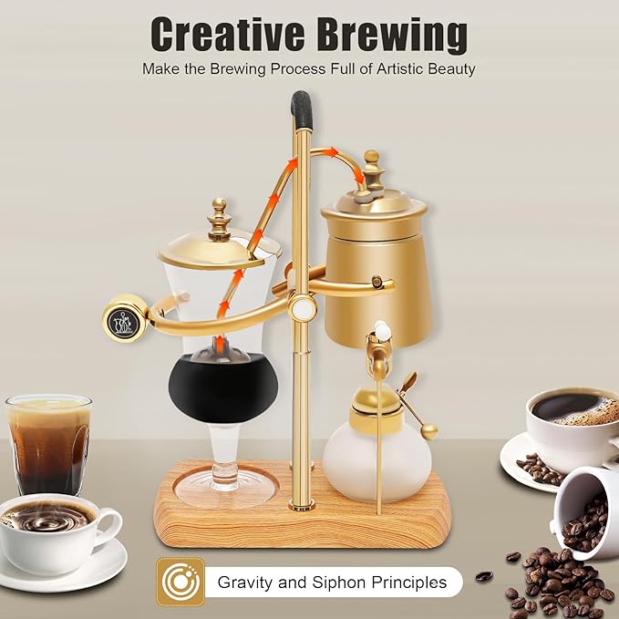 Siphon Coffee Maker, 400ml/13.53oz Manual Extract Coffee and Brew Tea Tool, Belgian/Belgium Retro Coffee Brewer with Alcohol Burner, Commercial/Domestic Balance Vacuum Coffee Pot, 9.3*4.7*14.96in Gold