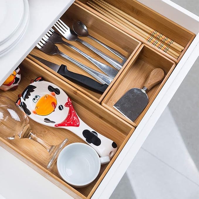 Bamboo Drawer Organizer - Kitchen Utensil Organizer Silverware Tray Cutlery Holder，Office Desk Supplies and Accessories (12x5.9x2.6 inch)
