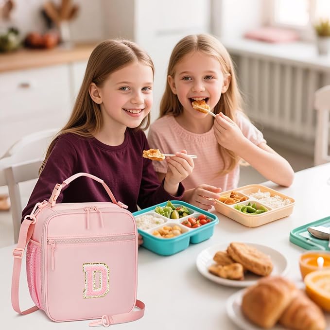 Initial Insulated Lunch Bag for Girls Kids, Back to School Gift, Reusable Leak-proof Lunch Box with Adjustable Strap for School Daycare Travel Picnic (Pink,D)