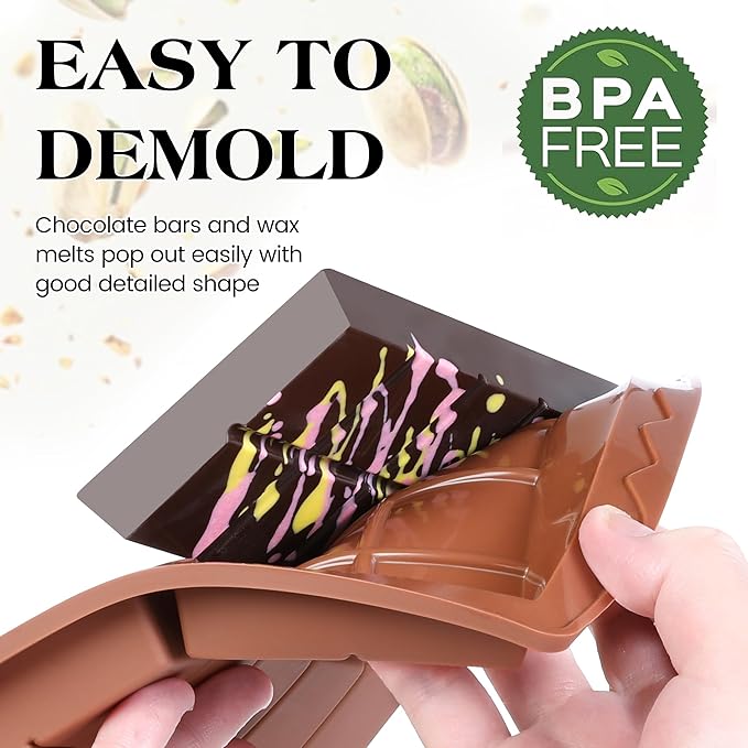 2 Pcs Chocolate Bar Molds Deep Large Chocolate Molds Silicone Break Apart Thick Silicone Molds for Candy Bar, With 100 Pcs Bags and 1 Pc Scraper Set (10 Snap）
