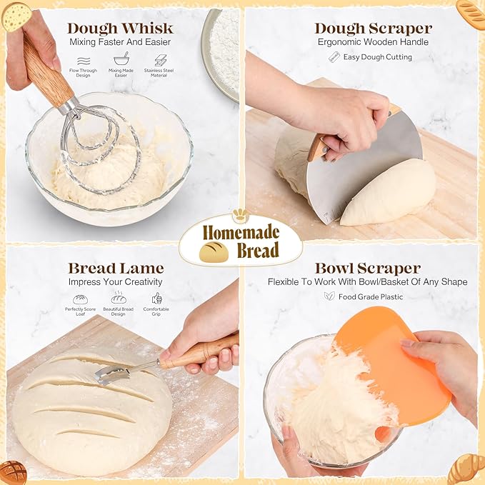 Sourdough Bread Baking Supplies, Sourdough Starter Kit, Bread Proofing Basket, Bread Making Tools Kit, Sour Dough Kit Tools, Sourdough Proofing Basket, Sourdough Kit Gifts for Bakers Women Wife Mom