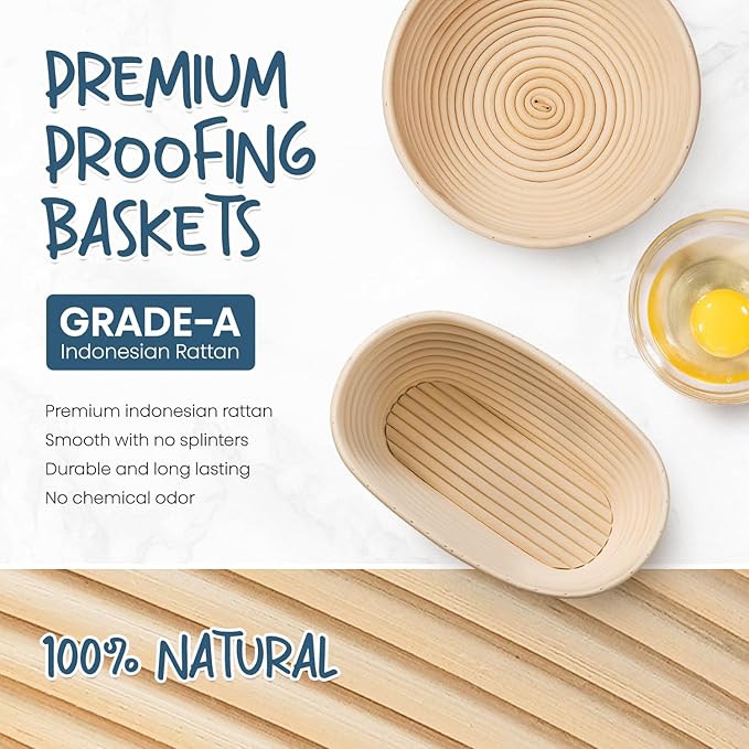 RORECAY Bread Banneton Proofing Basket Set, 9 Inch Round & 10 Inch Oval Cane Sourdough Baskets with Dough Whisk Lame Dough Scraper Bowl Scraper Silicone Brush Sourdough Bread Baking Supplies