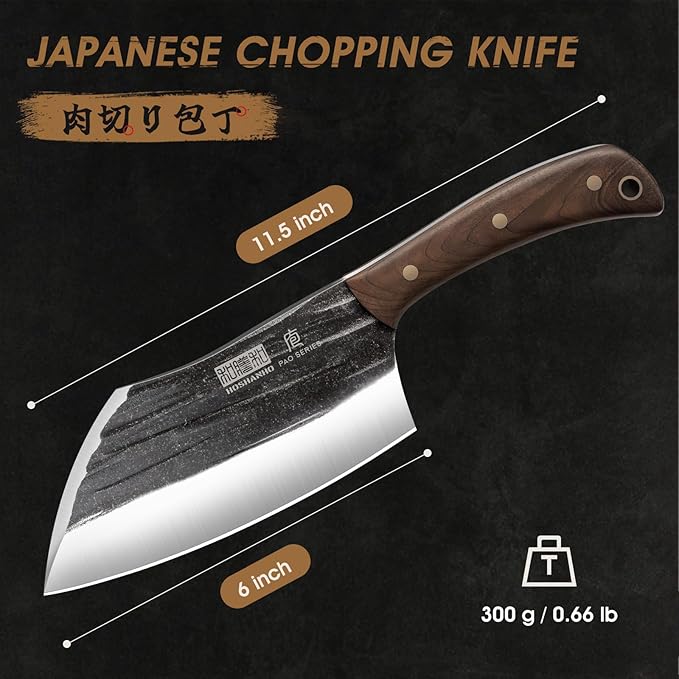 HOSHANHO 6 Inch Cleaver Knife, Hand Forged Vegetable Meat Cleaver, Full Tang Chopper Butcher Knife for Meat Cutting for Kitchen, Outdoor Cooking, Camping