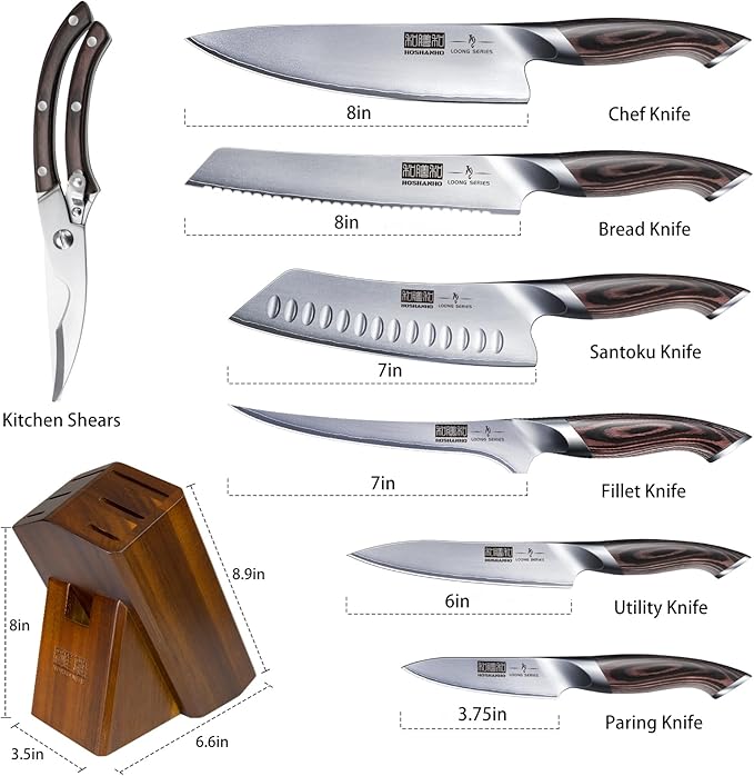 HOSHANHO 8-Piece Kitchen Knife Set, Japanese High Carbon Super Steel Knife Sets with Block, Professional Ultra Sharp Chef Knife Set with Scissors