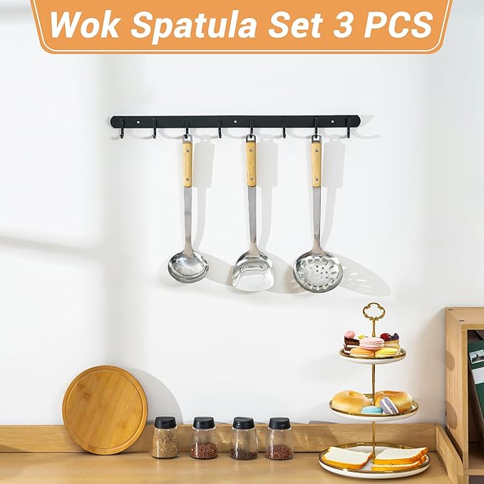 FJNATINH Wok Spatula and Ladle Skimmer Spoon - Stainless Steel Cooking Utensils Set of 3,Kitchen Wok Utensils Set