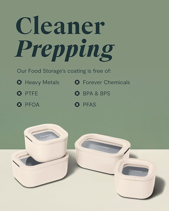 Caraway 6pc Food Storage Container Set - 1.75 Cup Glass Storage Container for Food (6) - Non-Toxic Ceramic-Coated Glass - Air Release Technology - Compact & Stackable Design - Gray