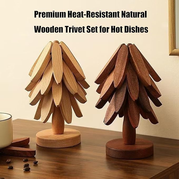 Natural Wood Tree Trivet Set, 𝐍atural Tree Trivet Set - 4 Wooden Trivets,4 Wooden 𝐓rivets & 1 Stand Like a Christmas Trees,for Hot Dish,Pot,Bowl,Teapot,Hot Pot Sets (Walnut Finish 3 Trivets,2set)