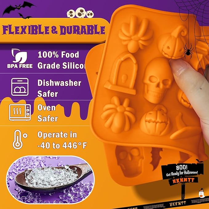 Halloween Molds Silicone for Chocolate 2 Pack, 3D Halloween Chocolate Candy Gummy Mold Skull Pumpkin Bat Ghost Witch Hat Spider tombstone Shapes Mold
