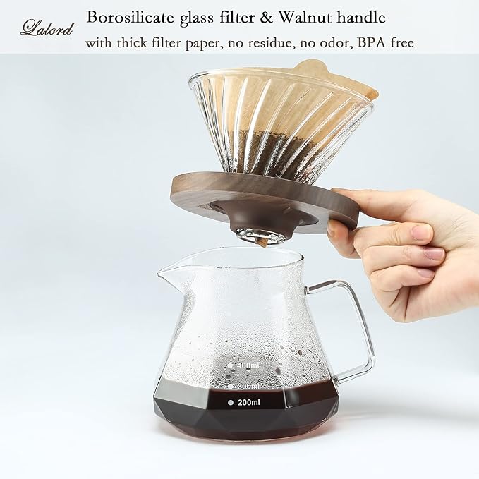 Pour Over Coffee Maker, 20 oz Borosilicate Glass Carafe with 100 pcs V60 Paper Filter by Gsform, Walnut Handle & Glass Lid, Drip Coffee Maker for Home Café Restaurant Camping, 600 ml, Clear