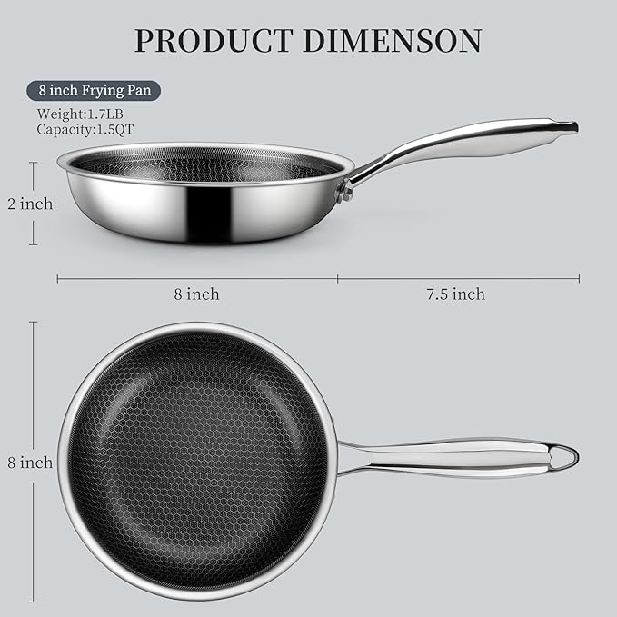 Innerwell Stainless Steel Frying Pan 8 Inch Nonstick Honeycomb Coatings Skillet for Eggs & Omelettes-Non Toxic Healthy Kitchen Cooking Pan Compatible with All Cooktops