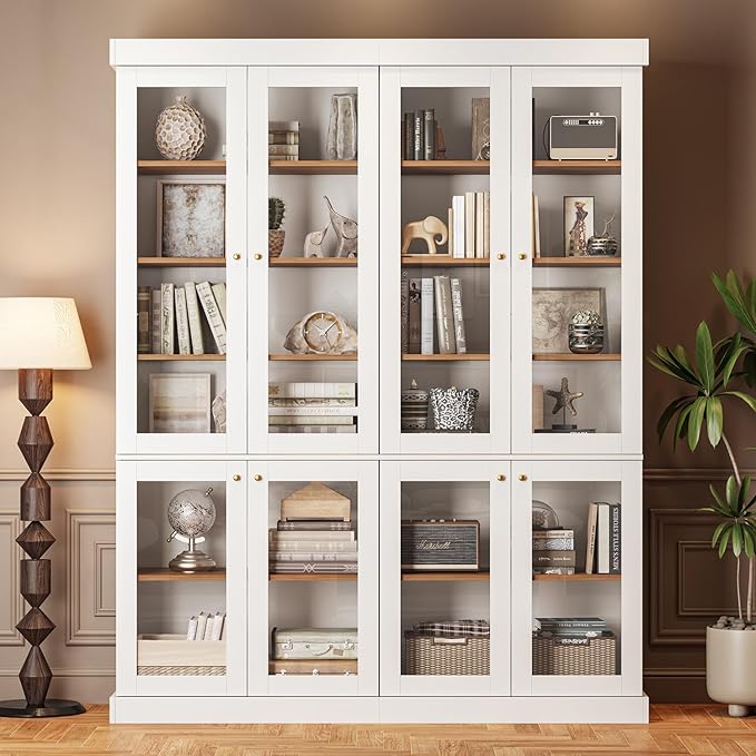 70.8" Tall Farmhouse Kitchen Pantry Cabinet with Glass Doors, Modular Storage Cabinet with 6-Tier Adjustable Shelves, White, Wooden Hutch for Kitchen, Living Room, Set of 4