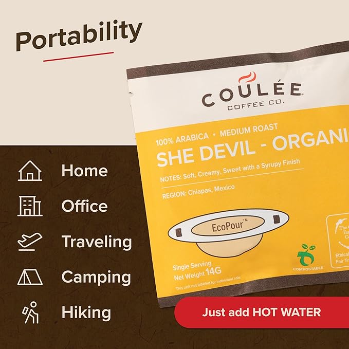 Coulée EcoPour Coffee Variety Pack, Single Serve Coffee, Use for Camping or Traveling, Pre Filled Compostable Filters, Ready to Brew with Hot Water, Includes 4 Flavors, 20 Pack