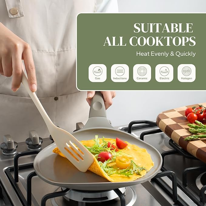 Redchef Crepe Pan Nonstick, 10 Inch Ceramic Flat Skillet Pan for Roti Dosa Tawa Comal Para Tortillas Pancake Pan for stove top, Induction Compatible, PFAS/PFOA/PTFE Free(Gray)