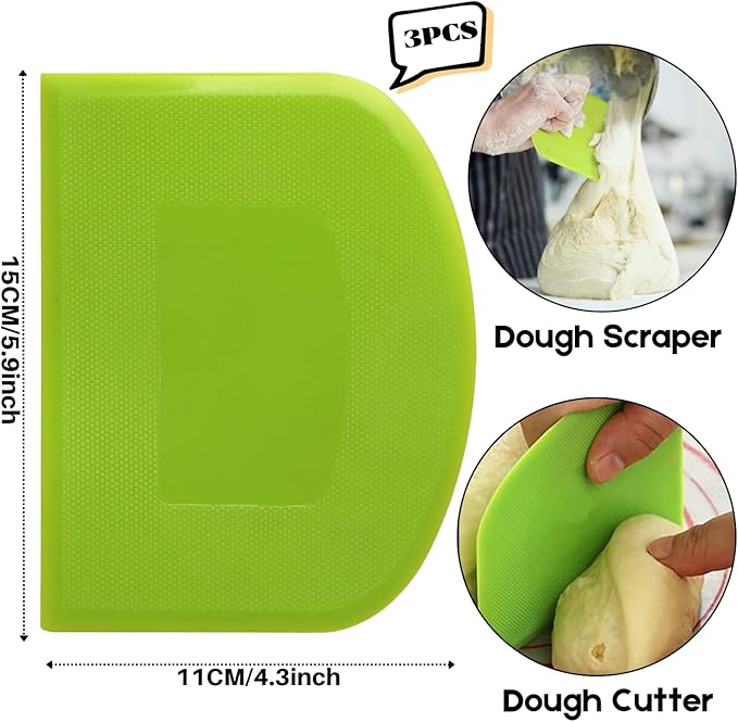 SURDOCA Dough Scraper Bench Scraper - 3P 5.9x4.3" Plastic Flexible Bowl Scraper, Sharp Edge & Angles Cake Scraper. Non-Slip Bakeware Decorating Tools Sculpting & Modeling Tools - Green+Yellow+Green