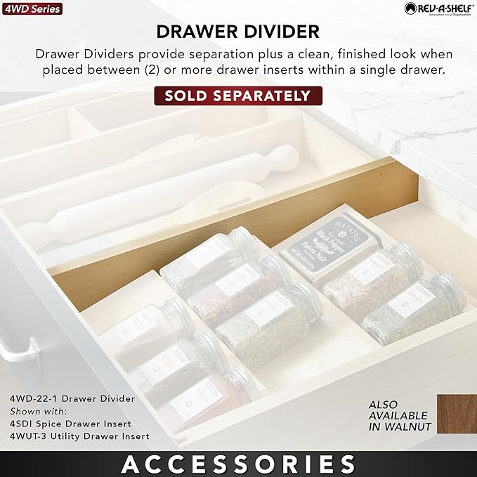 Rev-A-Shelf Trim-to-Fit Silverware Drawer Organizer for Kitchen Utensils, Cutlery Cabinet Storage Divider Insert, 18.5 x 22 in, Maple Wood, 4WUT-1SH