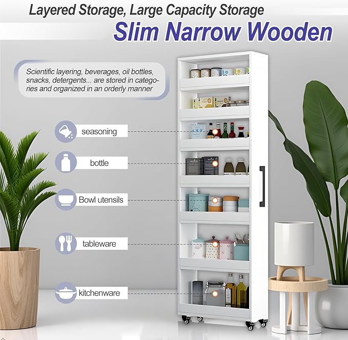 7-Tier Slim Storage Cart, Wooden Rolling Pantry Cabinet with Wheels, Narrow Shelf Organizer for Kitchen, Bakers Rack, Dining Room, Closet, Small Spaces Gray 47.2" H*5.9" W*16.9" D