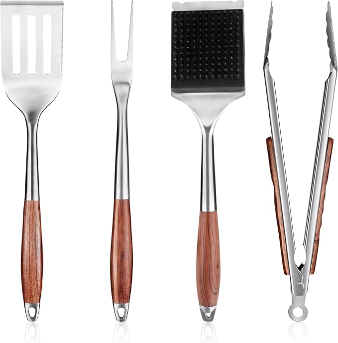 FJNATINH Heavy-Duty Grilling Accessories Rose Wooden BBQ Grilling Tools Set,Outdoor Grill Set with Spatula, Fork, Brush & Tongs,Essential Accessories for Barbecue & Grill. Ideal Gift for Men