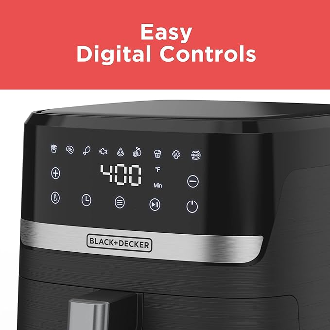 BLACK+DECKER Purifry 6QT Air Fryer, Timer with Auto Shut-off and Shake Reminder, Digital LED Touchscreen and 9 Presets, 1500w up to 400 F, Dishwasher Safe Parts