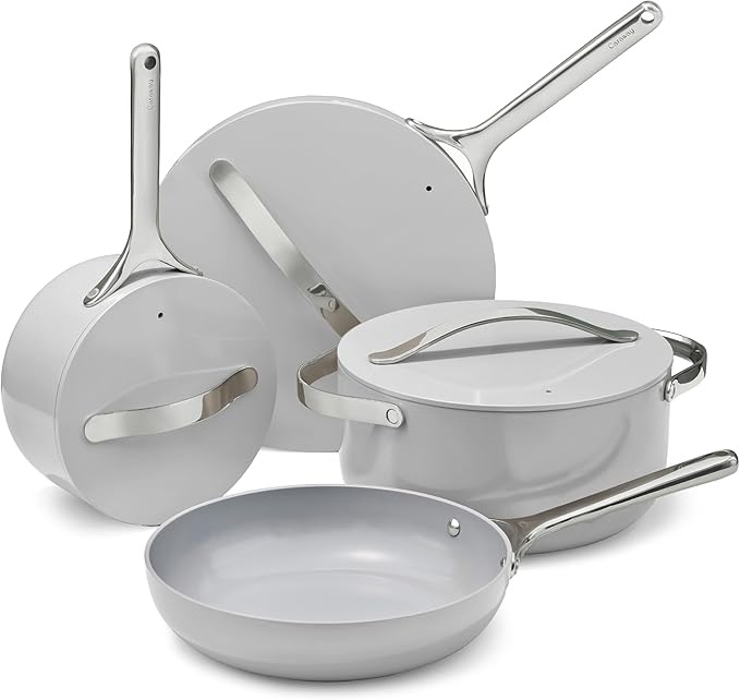 Caraway Non-stick Ceramic Cookware Set (12 Piece) Pots, Pans, Lids and Kitchen Storage - PFAS & PFOA Free - Oven Safe Pan Set & Compatible with All Stovetops - Gray
