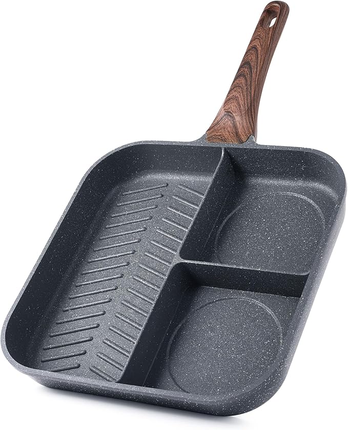 Sensarte Nonstick 11-Inch Square Grill Pan, 3-Section Versatile Breakfast Skillet, Die-cast Aluminum, PFOA, PFOS, APEO Free, Induction, Gas, Electric, Glass, Ceramic