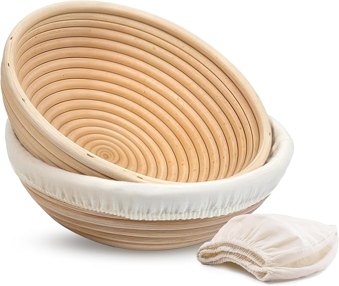 Banneton Bread Proofing Basket, Kook, Sourdough Proofing Bread Basket, Bread Banneton Proofing, Artisan Sourdough Making Baskets, 9 Inch Rattan Baskets and Cloth Liners, Set of 2, Round