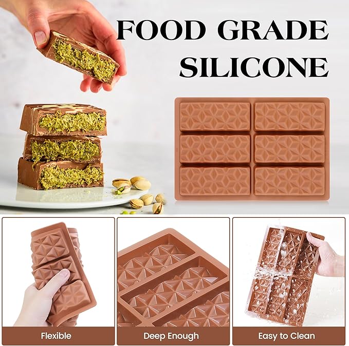 2 Pcs Chocolate Bar Mold Deep Dubai Stuffed Silicone Molds for Filling Knafeh Pistachio Chocolate Bar and Wax Melts Rectangle Thick Candy Bar Molds Break Apart (Pyramid)