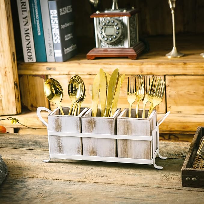 Silverware Caddy Utensil Organizer for Countertop, Flatware Caddy with Metal Rack, Wooden Utensil Cutlery Holder with 3 Compartment for Kitchen Decor and Party -White