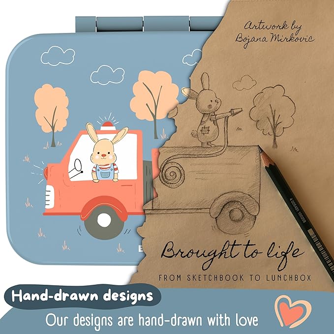 Kids Lunch Box with Compartments – Compact & Lightweight | Leak-Proof, BPA-Free, Dishwasher & Microwave Safe | Hand-Drawn Design for Preschool, School, Travel (Firetruck Bunnies Blue, 4 Cups)