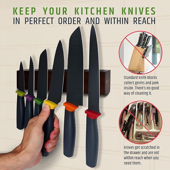 Premium 10 Inch (Small Size) Dark Walnut Wood Magnetic Knife Holder – Professional Wooden Magnetic Knife Strip - Space-Saving Knife Rack/Knife Bar With Powerful Magnetic Pull Force (Upgraded Version)