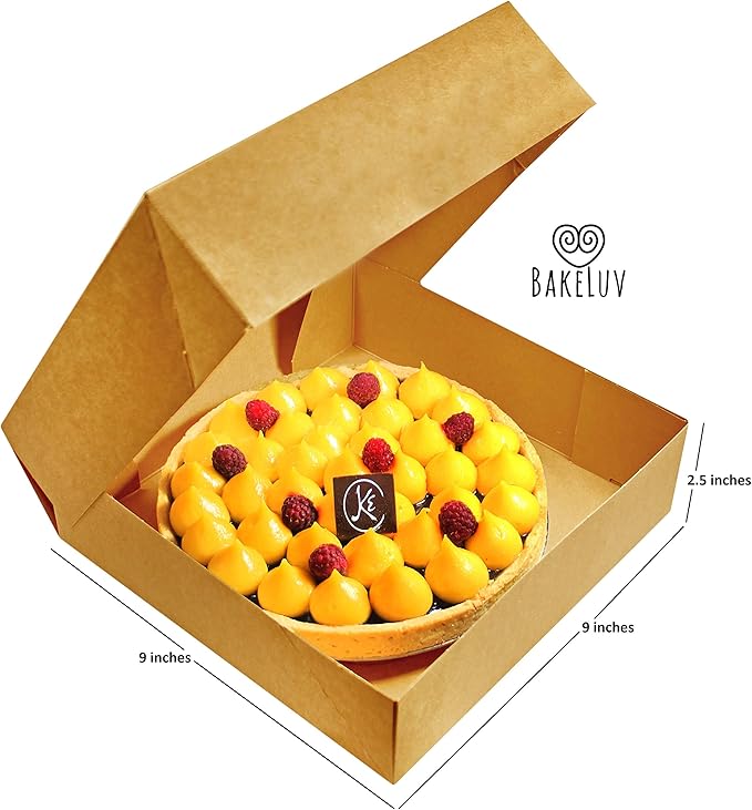 BAKELUV Pie Boxes for 9 Inch Pie | Brown, 25 Pack | 9x9x2.5 Bakery Box with Window, 9x9 Cookie Box, 9 Inch Pastry Boxes with Window Bulk, Cake Boxes, Auto Pop Up