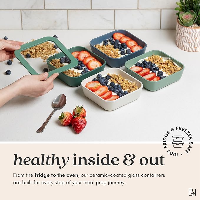 Ceramic Coated Glass Food Storage Container | No PTFE, PFOA, PFAS, and BPA | Reusable Non Toxic Meal Prep Container with Glass Lid | Easy To Store | 6 Cup Rectangle [Pine]