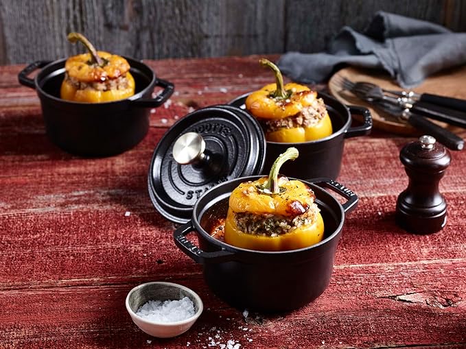 STAUB Cast Iron Dutch Oven 0.5-qt Round Cocotte, Made in France, Serves 1, Matte Black