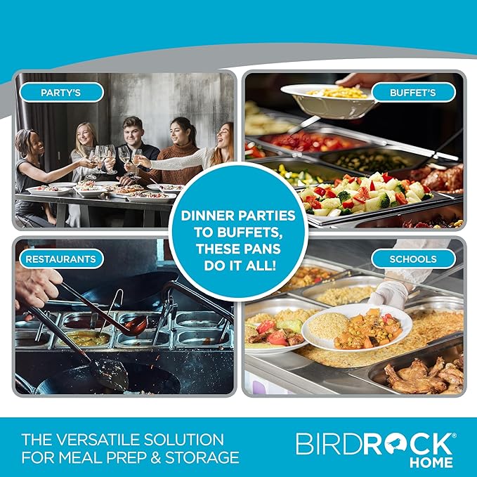 BIRDROCK HOME Stainless Steel Steam Table Pan - Hotel, Restaurant & Catering Supplies - 24 Gauge Steel, 2.6 qt Capacity - Meal Prep, Cooking, & Food Storage Container - 6" Depth, 1/6-Size (6 Pack)