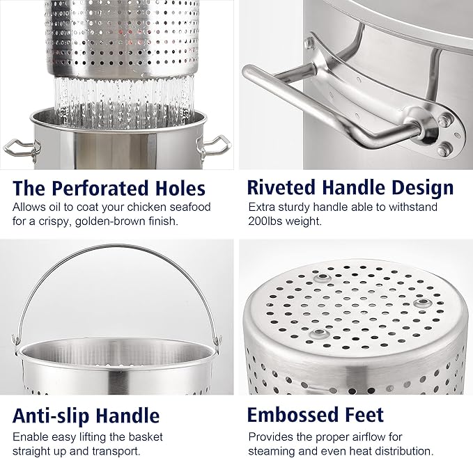 ARC 52QT Stainless Steel Stockpot for Crab Seafood Boiler Crawfish Pot with Basket and Steamer Rack, Outdoor Cooking Pot for Lobster Shrimp Boiling, Turkey Fryer and Tamales Steamer, 13 Gal
