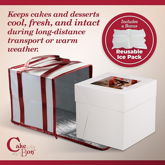 Cakebon Cake Box and Boards, 8-Inch Round Gold Smooth Edges 1/2- Inch Thick Drums with Insulated Bag and Ice Pack – Cake Transport Set, Cooler for Cake Delivery and Transport (1pc Each, 4pcs Total)