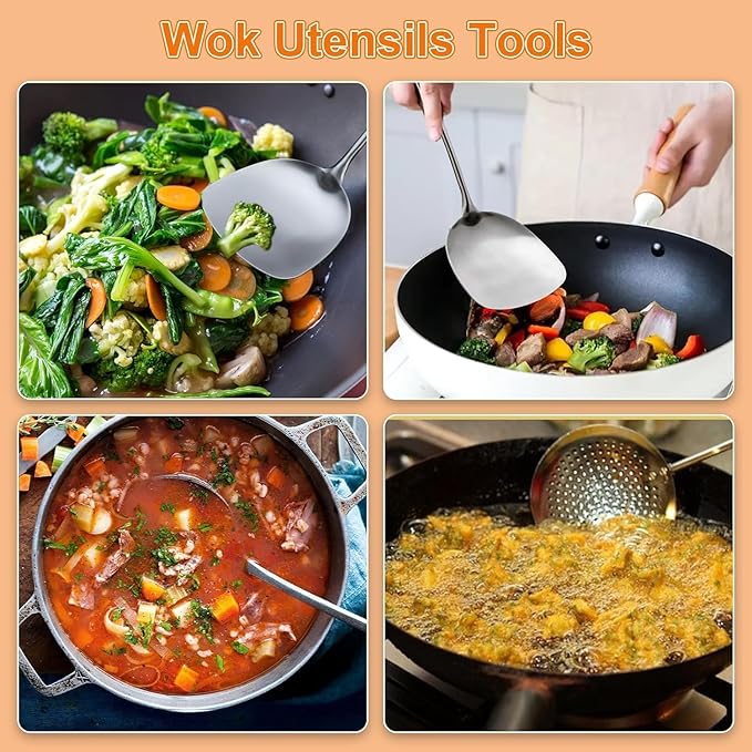 FJNATINH Stainless Steel Kitchen Utensils, Set of 6 Cooking Tools with Wooden Handle, Wok Spatula, Soup Ladle, Skimmer Spoon, Slotted Spatula Turner, Spaghetti Server, Solid Spoon