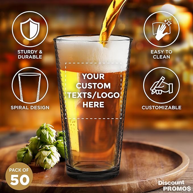 Custom Spiral Pint Glass 16 oz. Set of 50, Personalized Bulk Pack - Beer Glasses, Heavy Duty Drinkware - Black