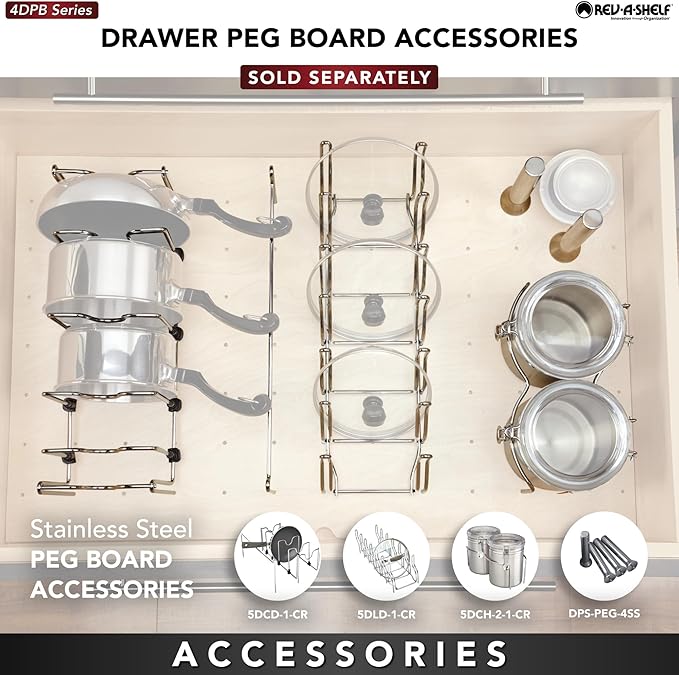 Rev-A-Shelf Pegboard Drawer Divider Organizer, Trim to Fit Wooden Kitchen Cabinet Storage Utensil, Pots & Dish Rack, 39" x 21", 4DPS-3921