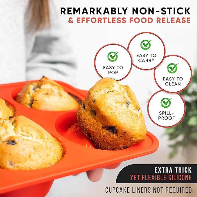 Silicone Jumbo Muffin Pan 6 Cup–Non-Stick Cupcake Pans for Baking, Heavy-Duty Large Silicone Muffin Pans for Baking, BPA-Free, Easy-Release, Oven & Dishwasher Safe