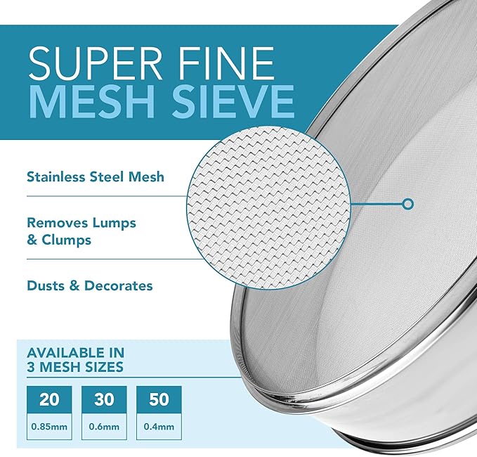Stainless Steel Flour Sifter Fine Mesh Round Flour Sieve for Baking 9.5" Diameter x 2.5" High; 20 Mesh (Hole Size 0.85mm)