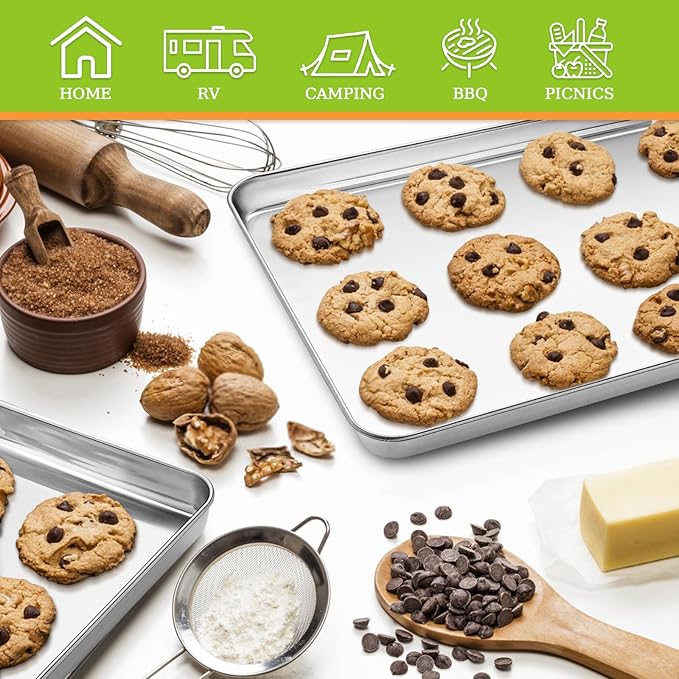 Baking Sheet Set of 2 - CEKEE Stainless Steel Cookie Sheet Baking Pan, Size 10 x 8 x 1 inch, Non Toxic & Heavy Duty & Mirror Finish & Rust Free & Easy Clean