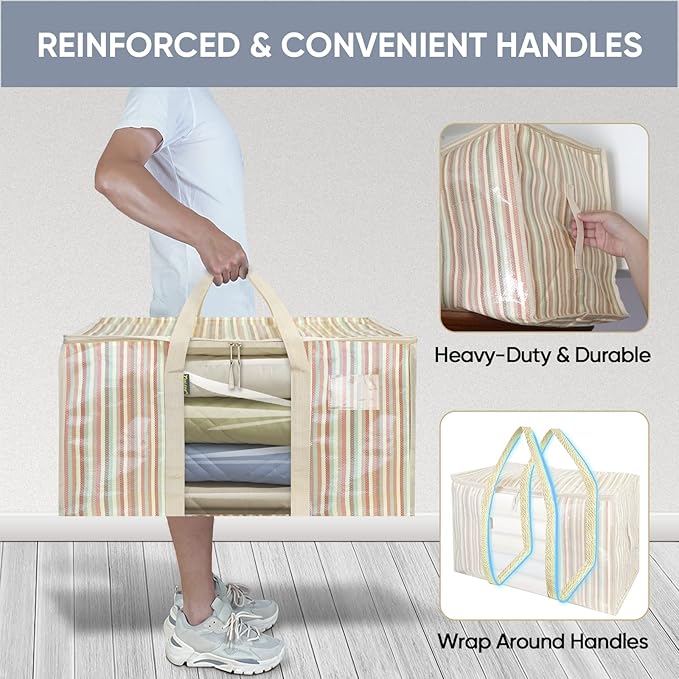BALEINE 6-Pack Oversized Moving Bags with Reinforced Handles, Heavy-Duty Storage Tote Moving Supplies for Packaging, Camping (Color Stripe, 6-Pack)